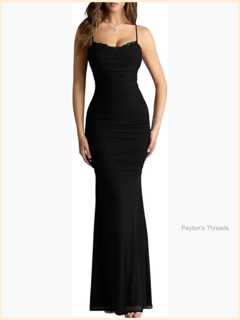 Women's Maxi Evening Gown Spaghetti Strap Adjustable Mesh Bodycon Formal Dress